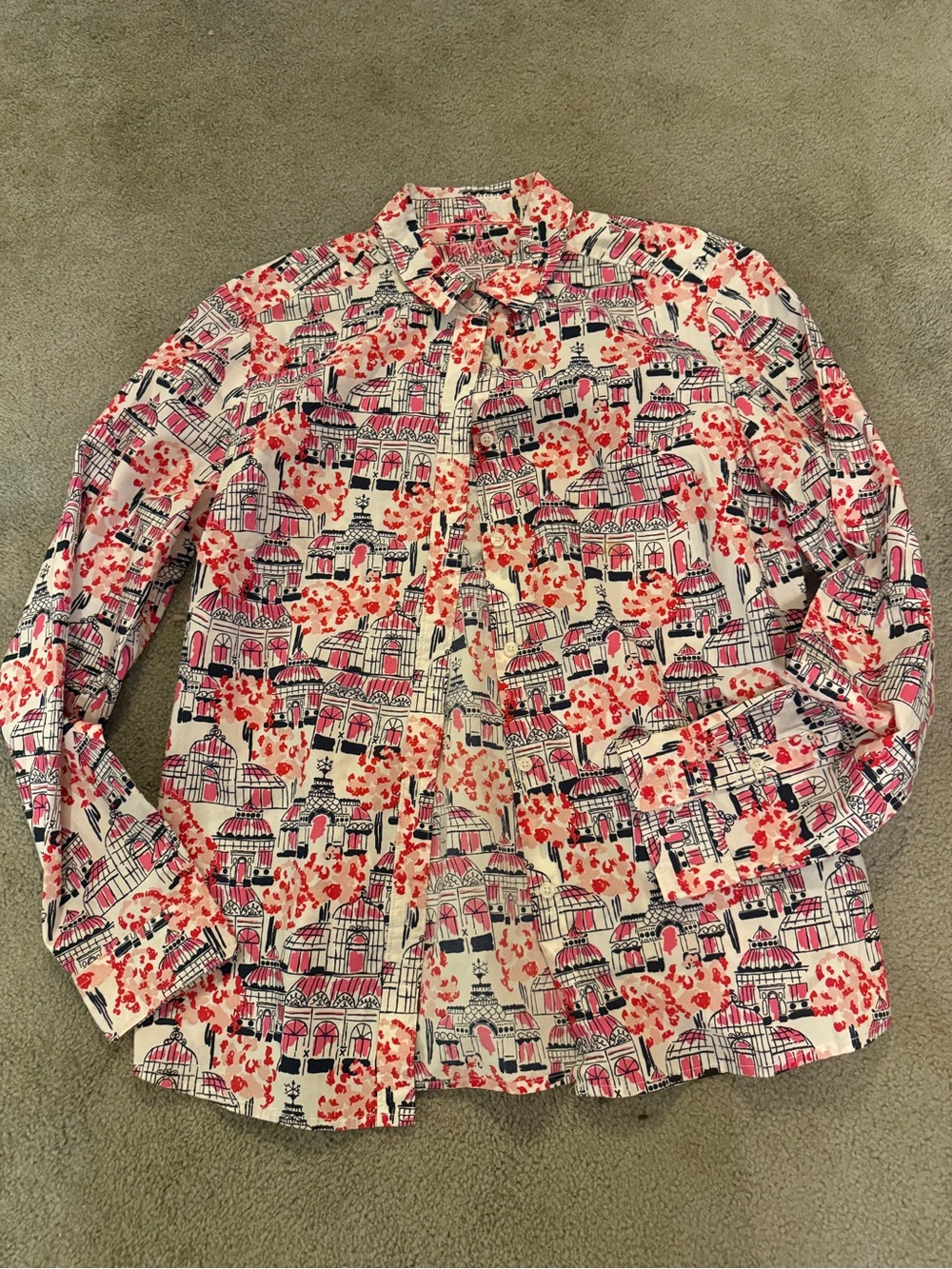 Boden Classic Patterned Button-Up Blouse in Cream, Pink & Navy